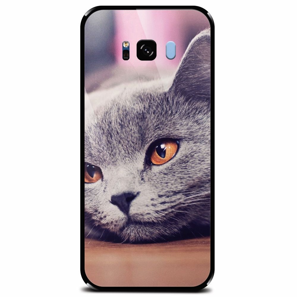 Husa din sticla securizata pentru Samsung Galaxy S8 Plus, British Shorthair Cat Yellow Eyes Portrait
