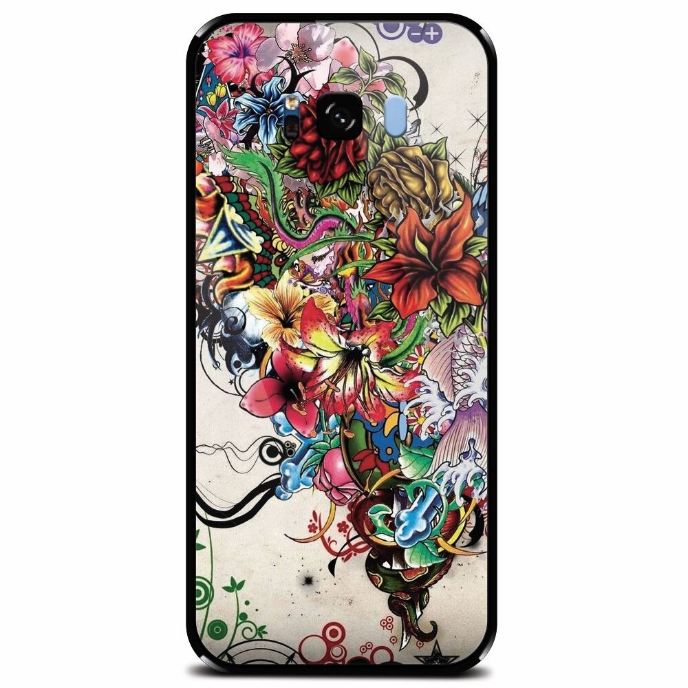 Husa din sticla securizata pentru Samsung Galaxy S8 Plus, Abstract Flowers Tattoo Illustration