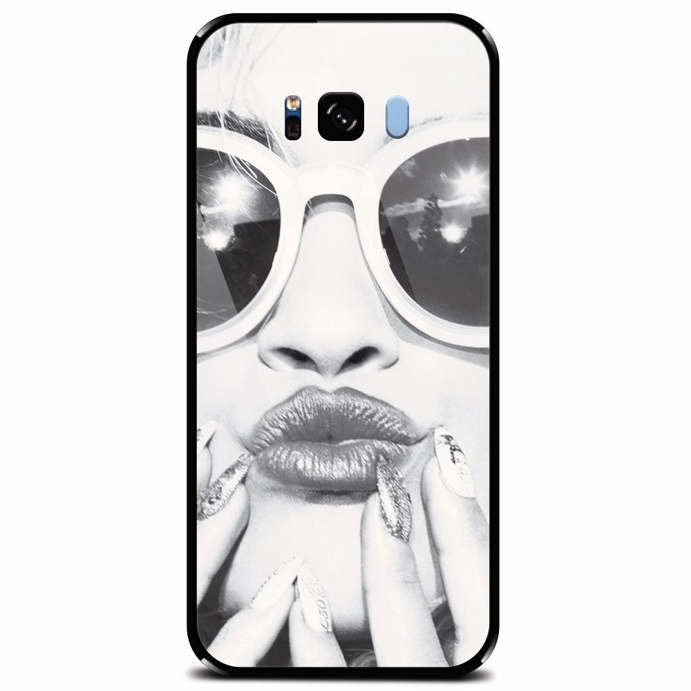 Husa din sticla securizata pentru Samsung Galaxy S8, Black And White Portrait Blonde Model In Fashion Sunglasses