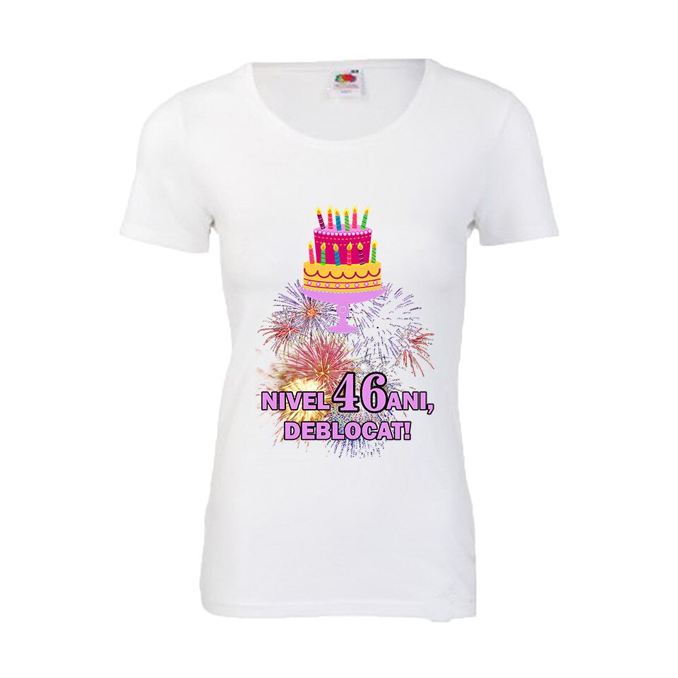 Tricou aniversar dama Fruit of the loom Nivel 46 ani, deblocat, S