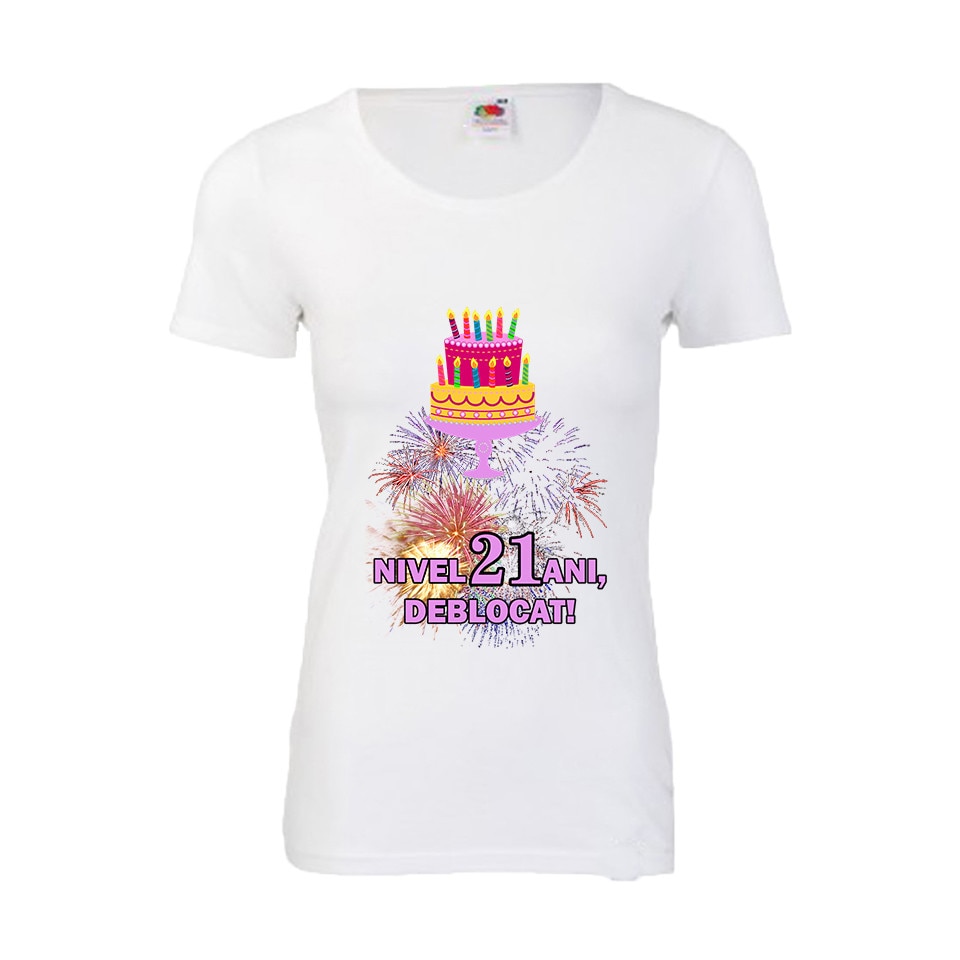 Tricou aniversar dama Fruit of the loom Nivel 21 ani, deblocat, S
