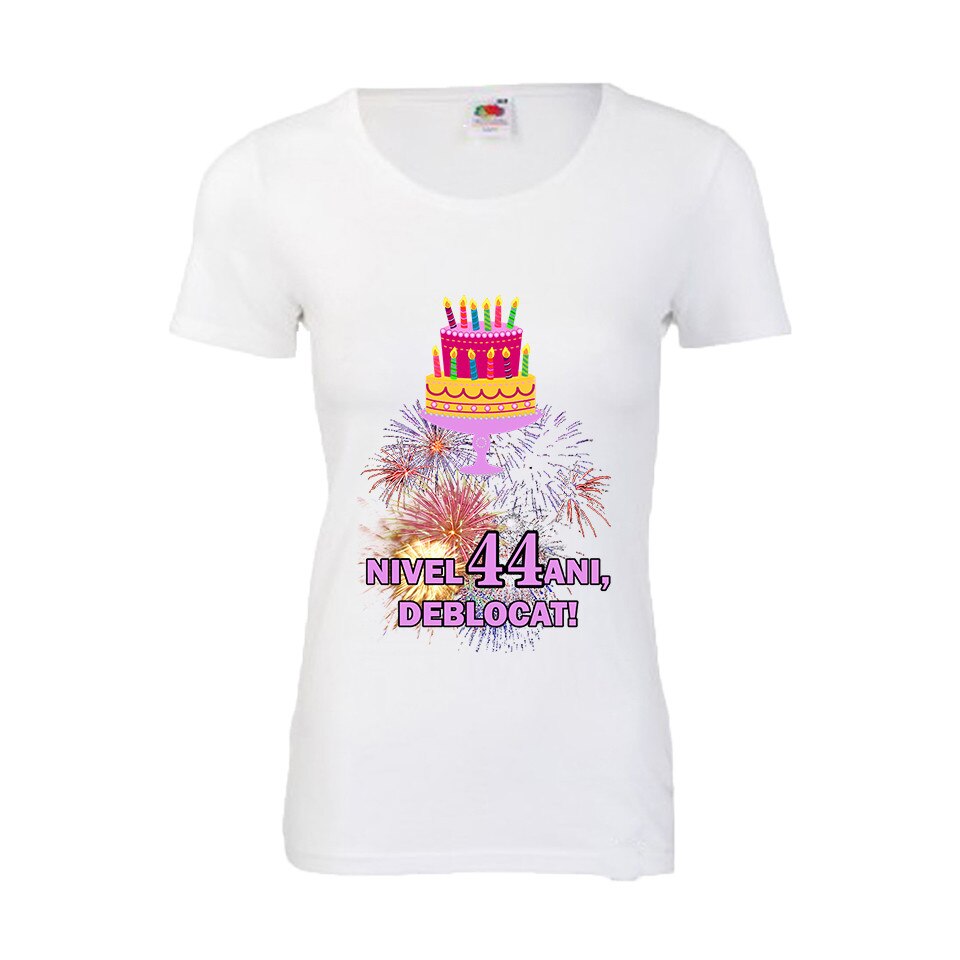 Tricou aniversar dama Fruit of the loom Nivel 44 ani, deblocat, XL