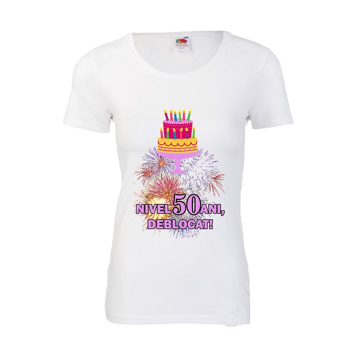 Tricou aniversar dama Fruit of the loom Nivel 50 ani, deblocat, 2XL
