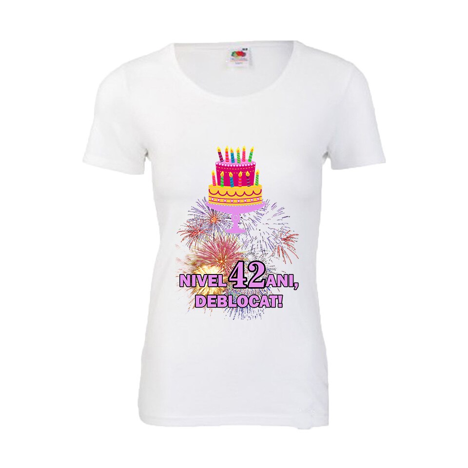 Tricou aniversar dama Fruit of the loom Nivel 42 ani, deblocat, S