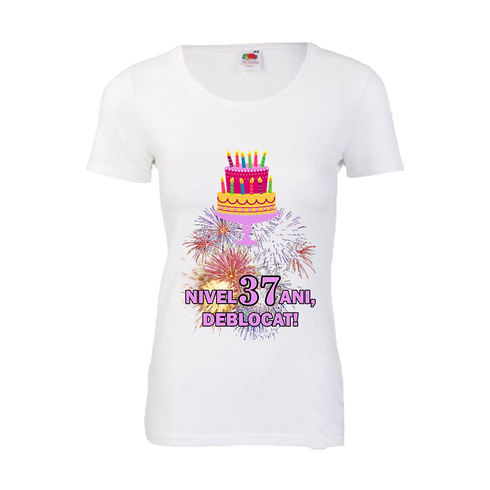 Tricou aniversar dama Fruit of the loom Nivel 37 ani, deblocat, S