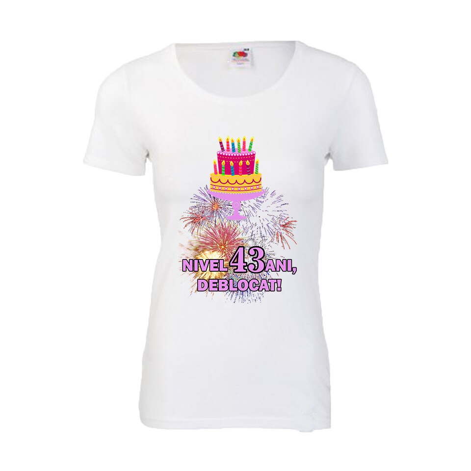 Tricou aniversar dama Fruit of the loom Nivel 43 ani, deblocat, 2XL