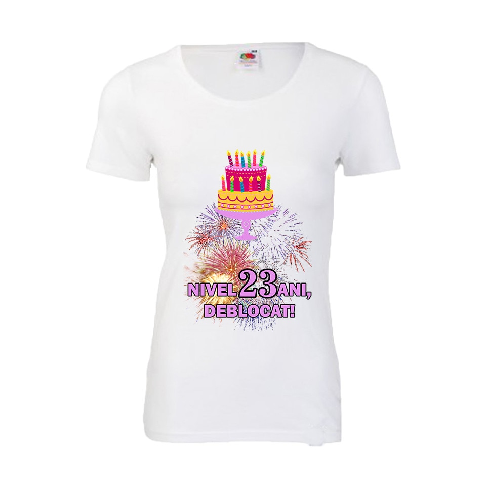 Tricou aniversar dama Fruit of the loom Nivel 23 ani, deblocat, S