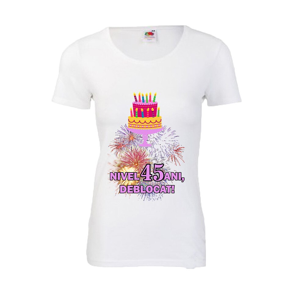 Tricou aniversar dama Fruit of the loom Nivel 45 ani, deblocat, S
