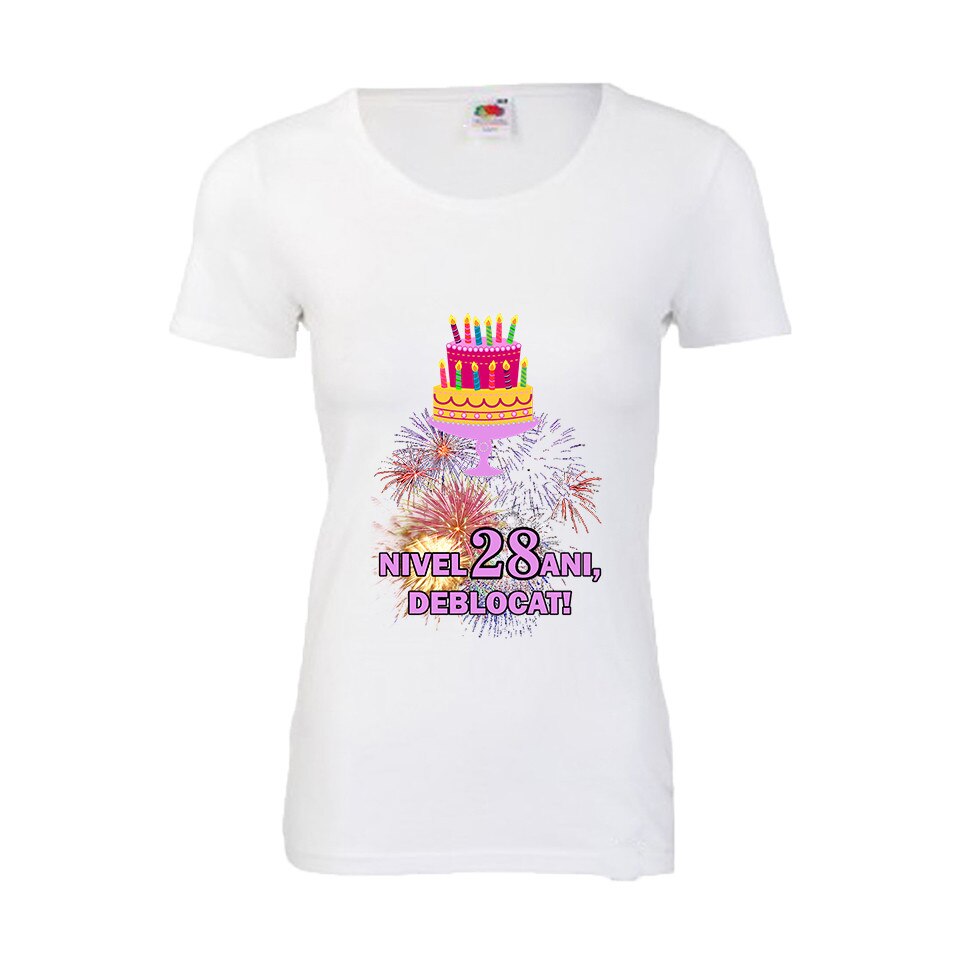 Tricou aniversar dama Fruit of the loom Nivel 28 ani, deblocat, M