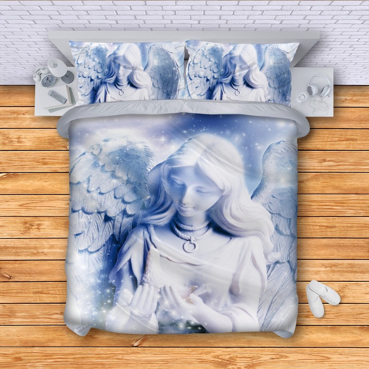 Lenjerie de pat 3DG-Textile, Model Angel, 150 x 210 cm, 3 Piese, Alb/Albastru