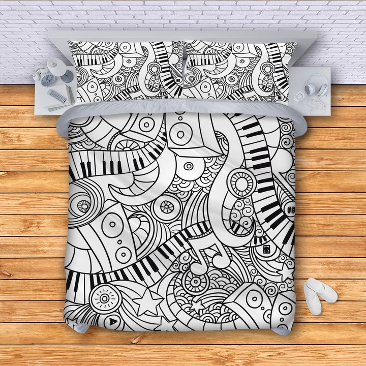 Lenjerie de pat 3DG-Textile, Model Art Note, 150 x 210 cm, 3 Piese, Alb/Negru