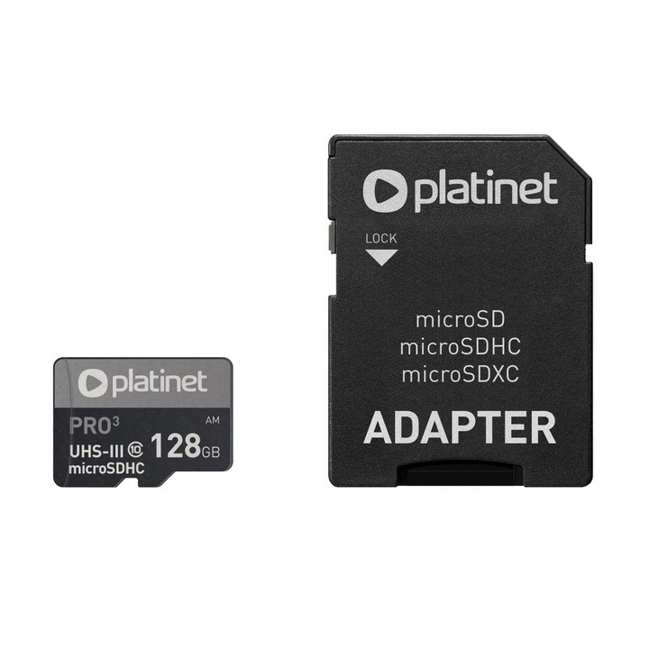 Card microSDXC Platinet 42910, 128GB, clasa 10 UHS-III 90Mb/s 4K, cu adaptor