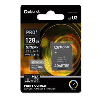 Card microSDXC Platinet 42910, 128GB, clasa 10 UHS-III 90Mb/s 4K, cu adaptor Card microSDXC Platinet 42910, 128GB, clasa 10 UHS-III 90Mb/s 4K, cu adaptor