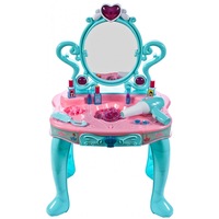 Jucarie Interactiva si Educativa de Rol, Masuta de Make-Up cu o Oglinda pentru Fetite, Lumini si Sunete, Include Uscator de Par, Multiple Accesorii 45 x 30 x 72 cm, Turquoise