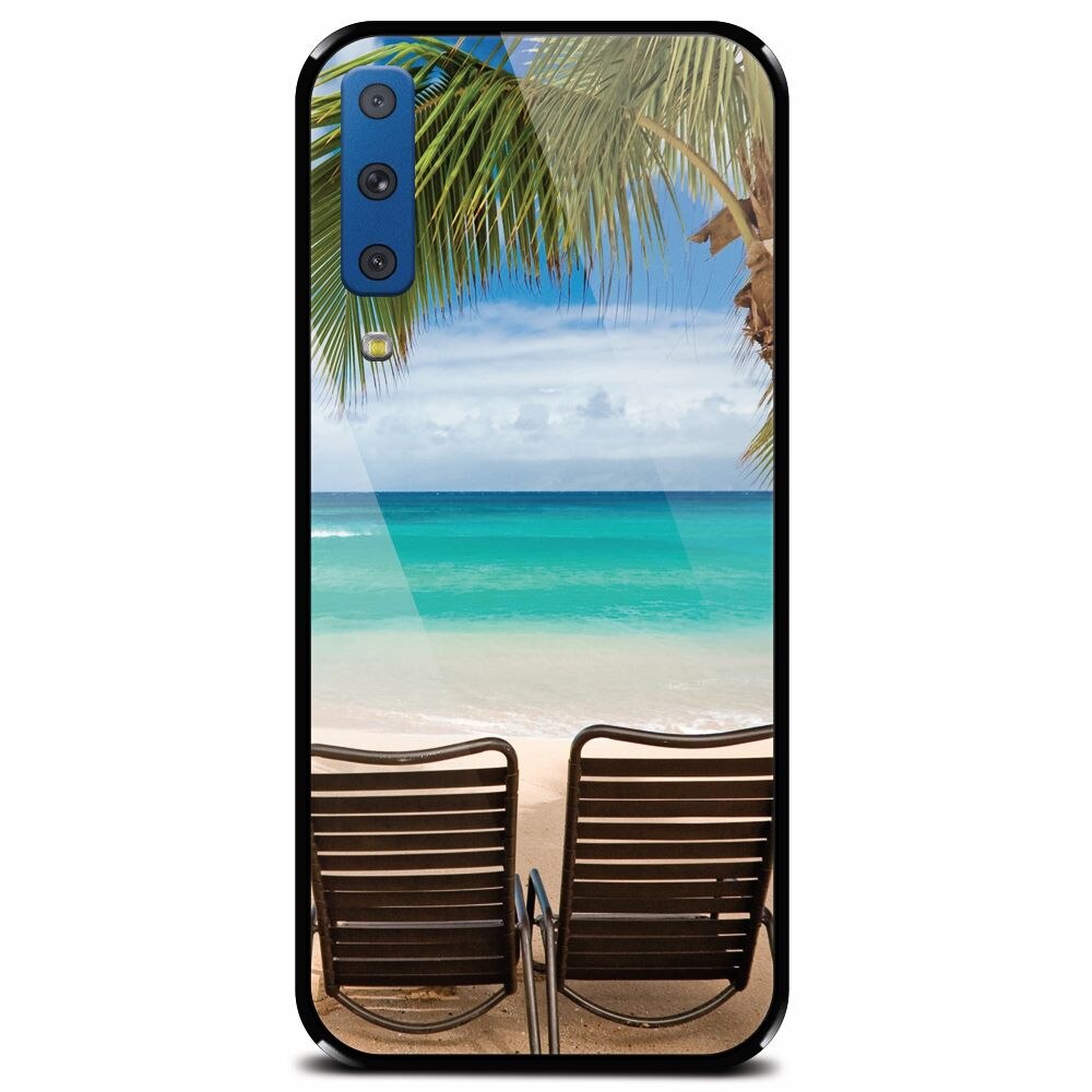 Husa din sticla securizata pentru Samsung Galaxy A7 (2018), Beach Chairs Palm Tree Seaside