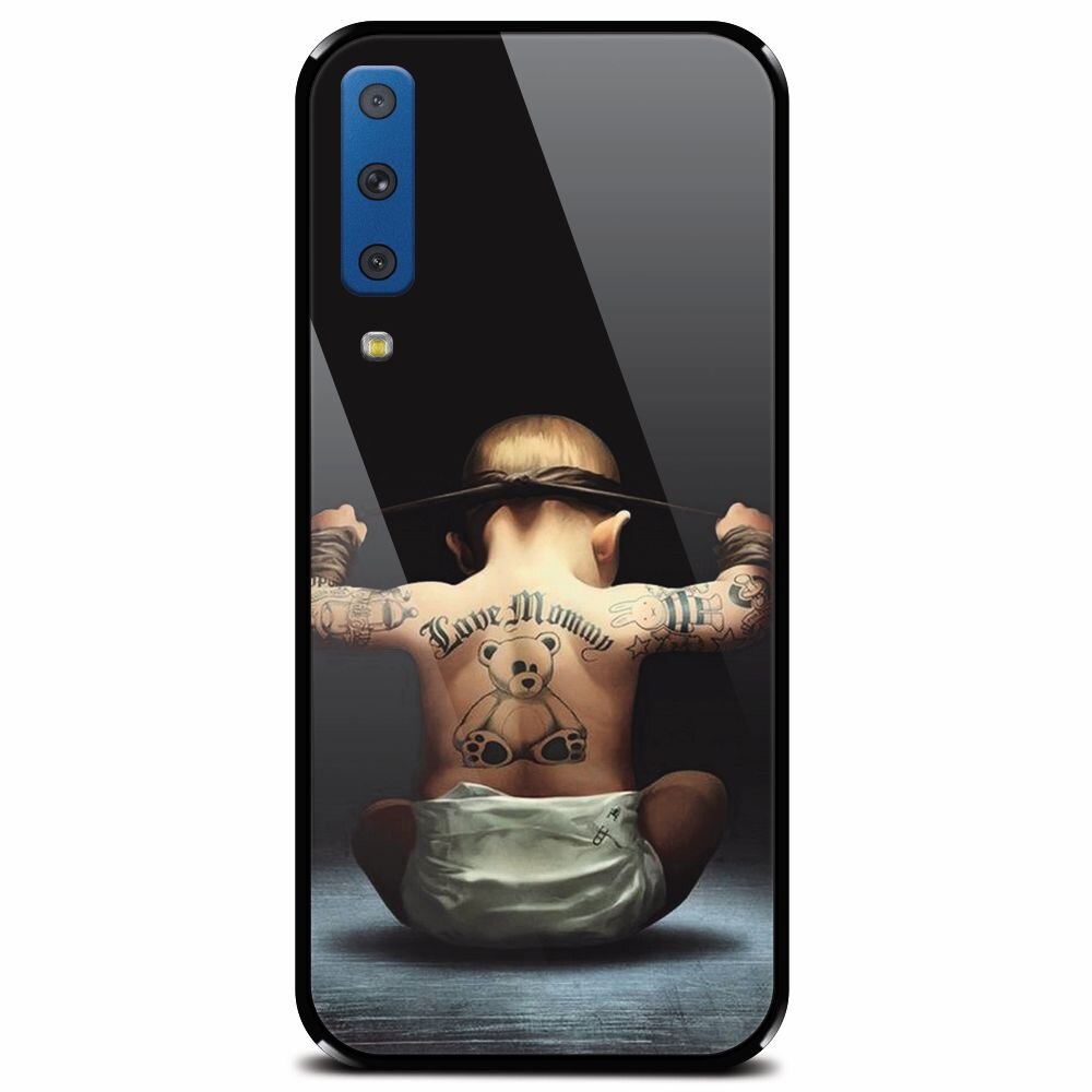 Husa din sticla securizata pentru Samsung Galaxy A7 (2018), Body Builder Cute Baby Tattoo