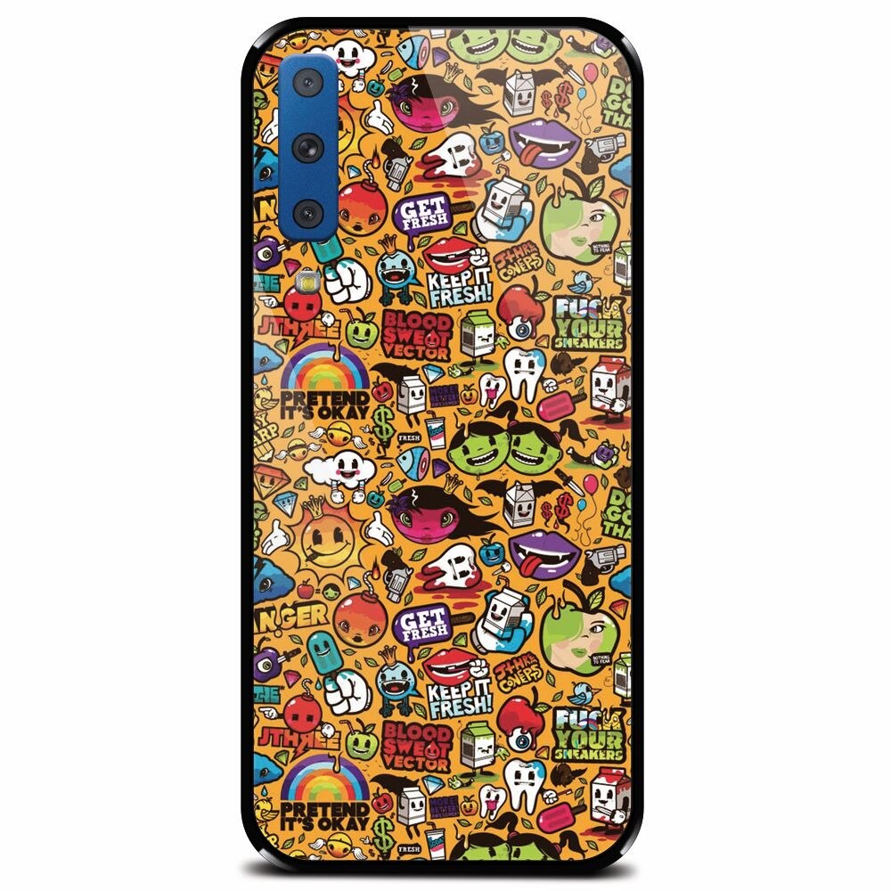 Husa din sticla securizata pentru Samsung Galaxy A7 (2018), Colorful Sticker Illustrations