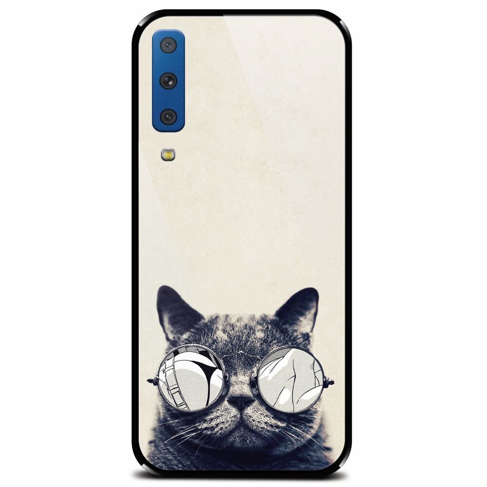 Husa din sticla securizata pentru Samsung Galaxy A7 (2018), Cool Cat Glasses