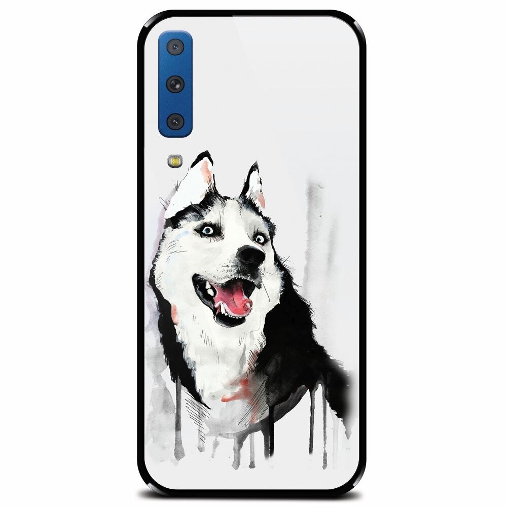 Husa din sticla securizata pentru Samsung Galaxy A7 (2018), Husky Dog Watercolor Illustration