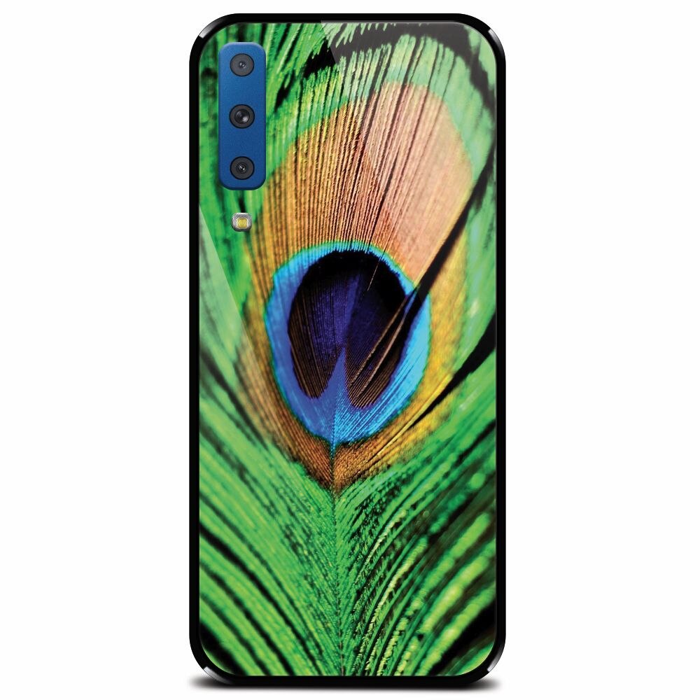Husa din sticla securizata pentru Samsung Galaxy A7 (2018), Peacock Feather Green Blue
