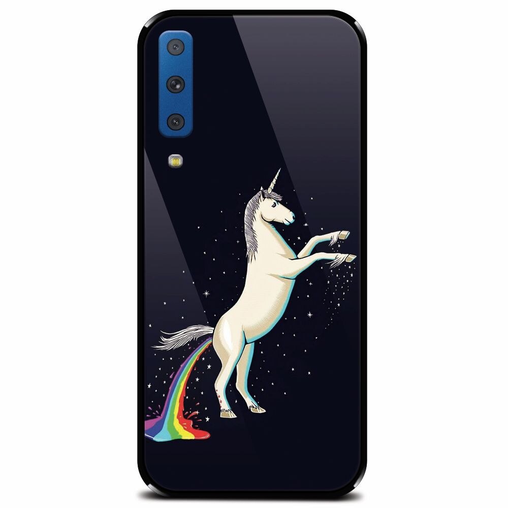 Husa din sticla securizata pentru Samsung Galaxy A7 (2018), Unicorn Shitting Rainbows