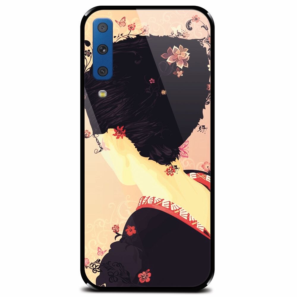 Husa din sticla securizata pentru Samsung Galaxy A7 (2018), Japanese Geisha Illustration Cherry Blossom
