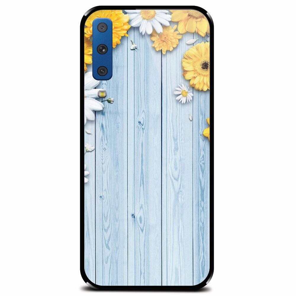 Husa din sticla securizata pentru Samsung Galaxy A7 (2018), Sunflower On Blue Wood