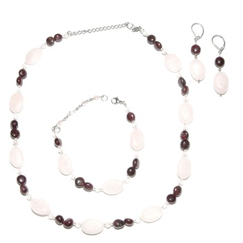 Set bijuterii GANELLI pietre semipretioase Granat, Cuart roz - colier, bratara, cercei Set bijuterii GANELLI pietre semipretioase Granat, Cuart roz - colier, bratara, cercei