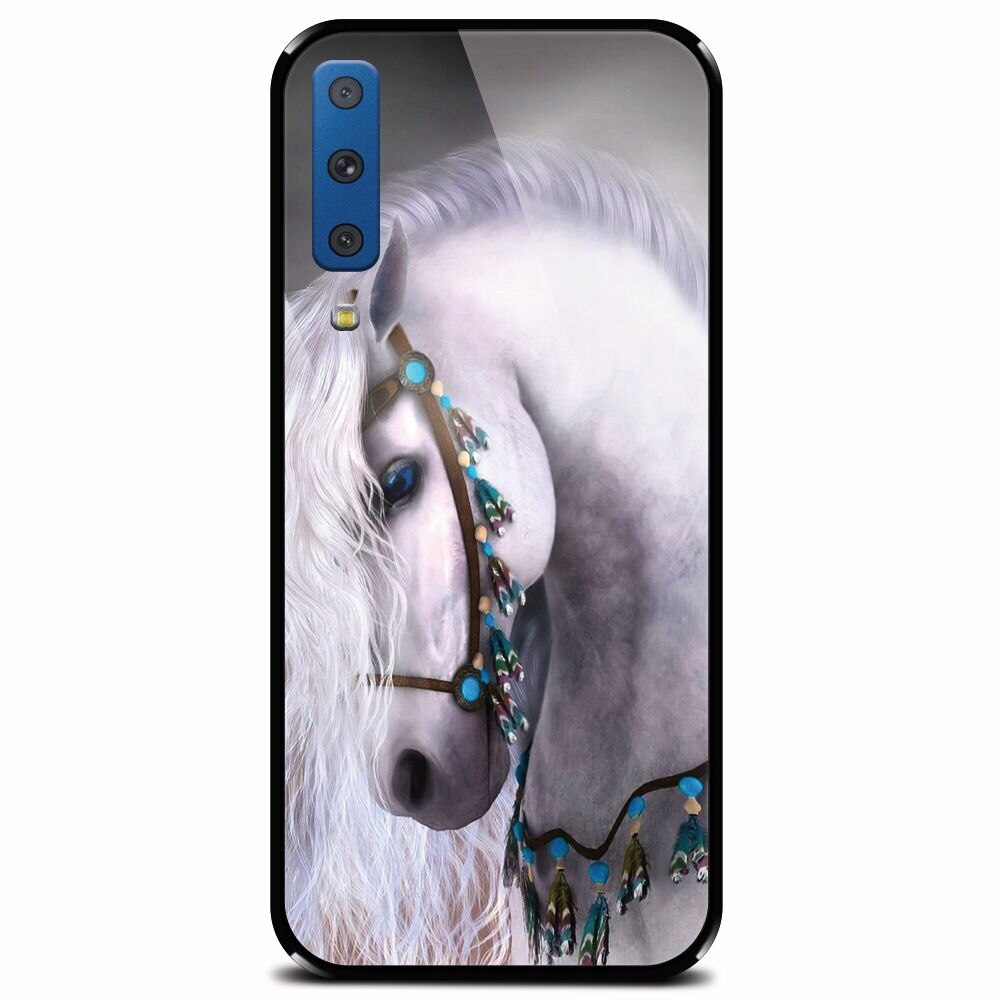 Husa din sticla securizata pentru Samsung Galaxy A7 (2018), White Horse
