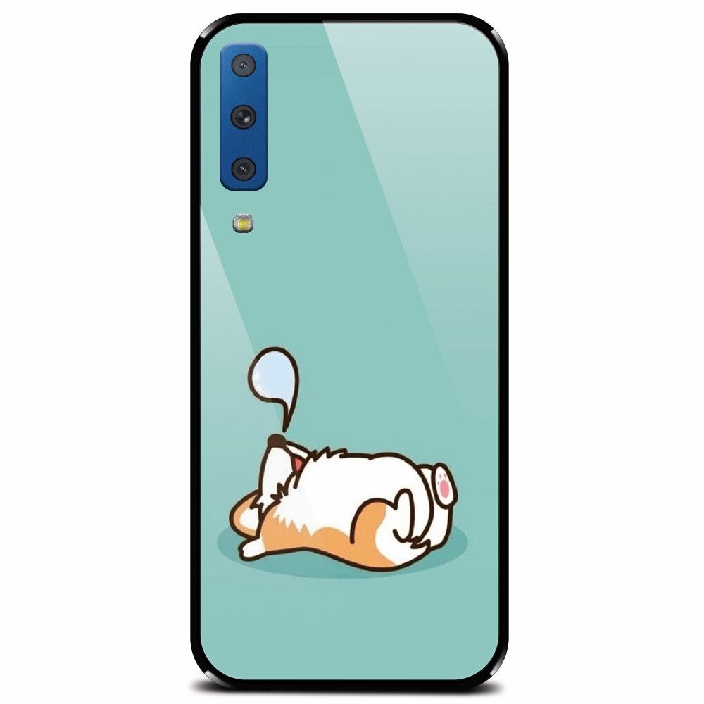 Husa din sticla securizata pentru Samsung Galaxy A7 (2018), Cute Corgi