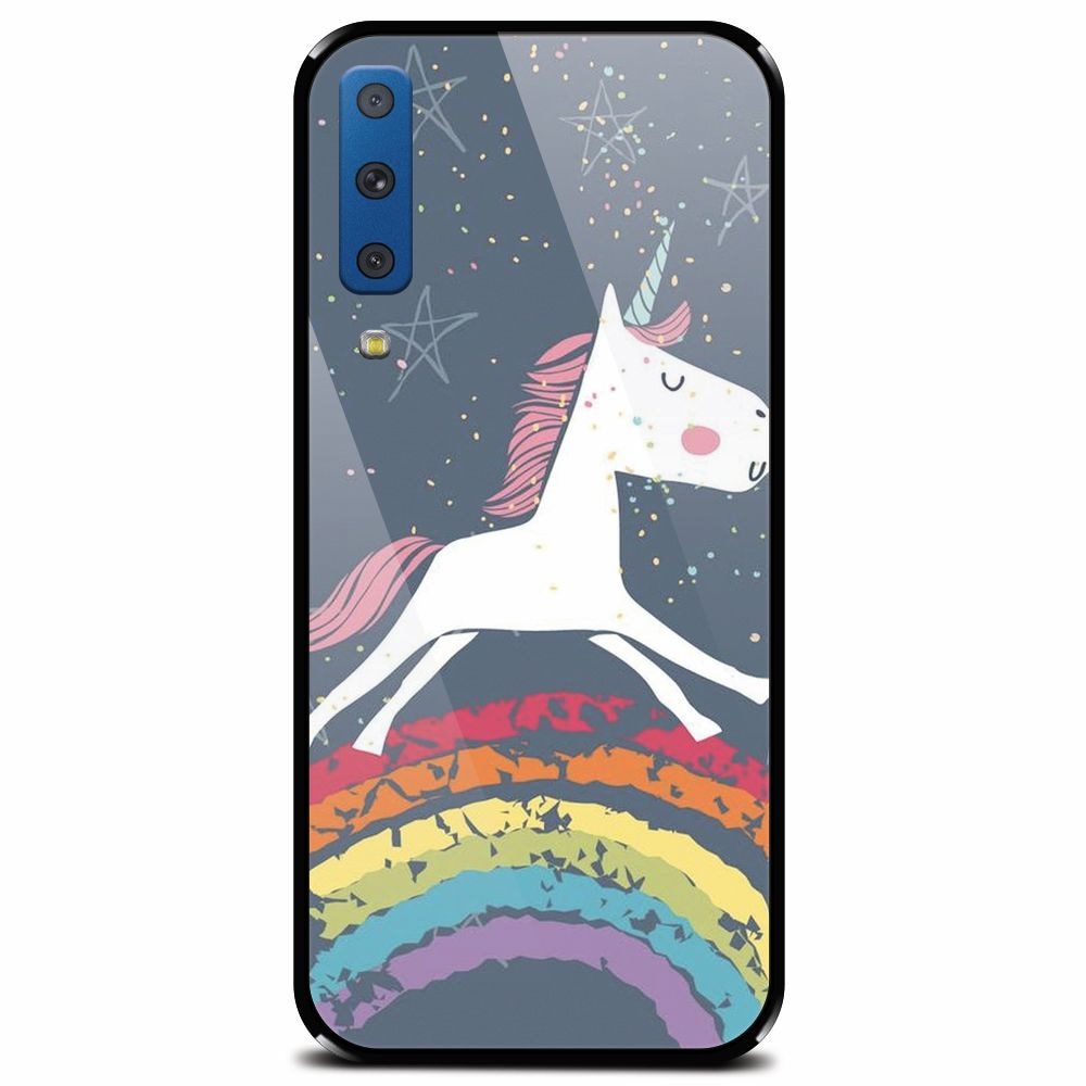 Husa din sticla securizata pentru Samsung Galaxy A7 (2018), Unicorn Rainbow