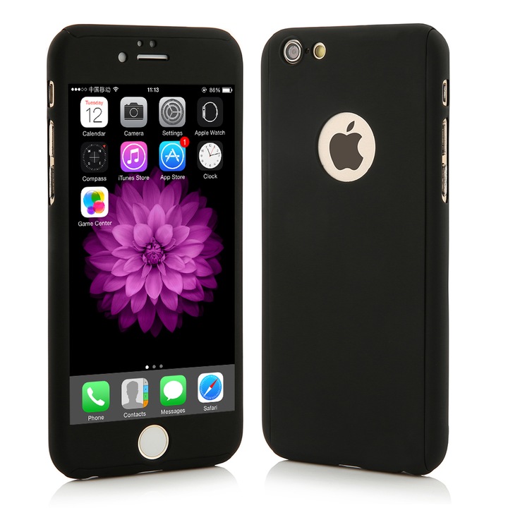 Калъф Full Cover (преден + заден + стъклен протектор), За Apple iPhone 5/5S/SE, Черен