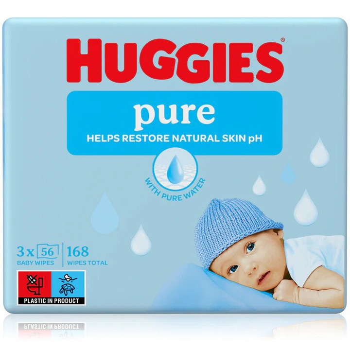 Servetele umede Huggies Pure, 2+1 pachete, 168 buc
