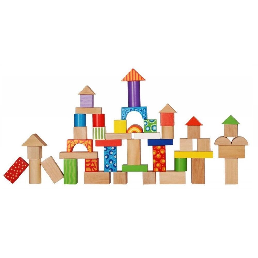 Set 50 Cuburi din Lemn, BS2001MC, Diverse Forme, Capac Sortator, Multicolor