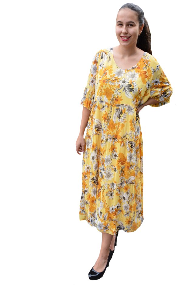 Rochie vaporoasa Nadina de zi,imprimeu floral,D&J Exclussive, Galben
