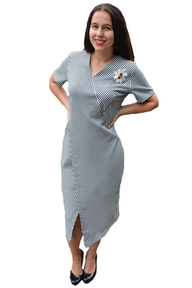 Rochie de zi Gianina cu dungi si crepeu,asimetrica,D&J Exclussive, Alb-bleumarin