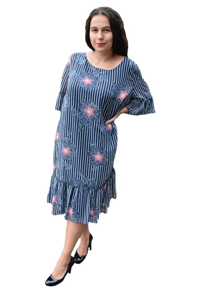 Rochie de zi vaporoasa Ameline,imprimeu floral si dungi,D&J Exclussive, Bleumarin