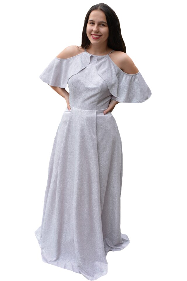 Rochie rafinata,Alexandrine cu decupaj si volanse la umberi,D&J Exclussive, pudra
