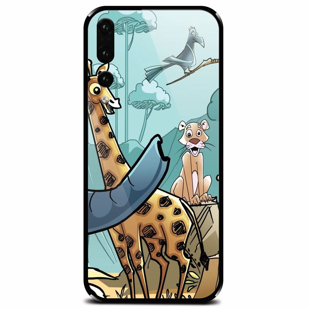 Husa din sticla securizata pentru Huawei P20 Pro, Children Drawings Elephants Giraffes Lions