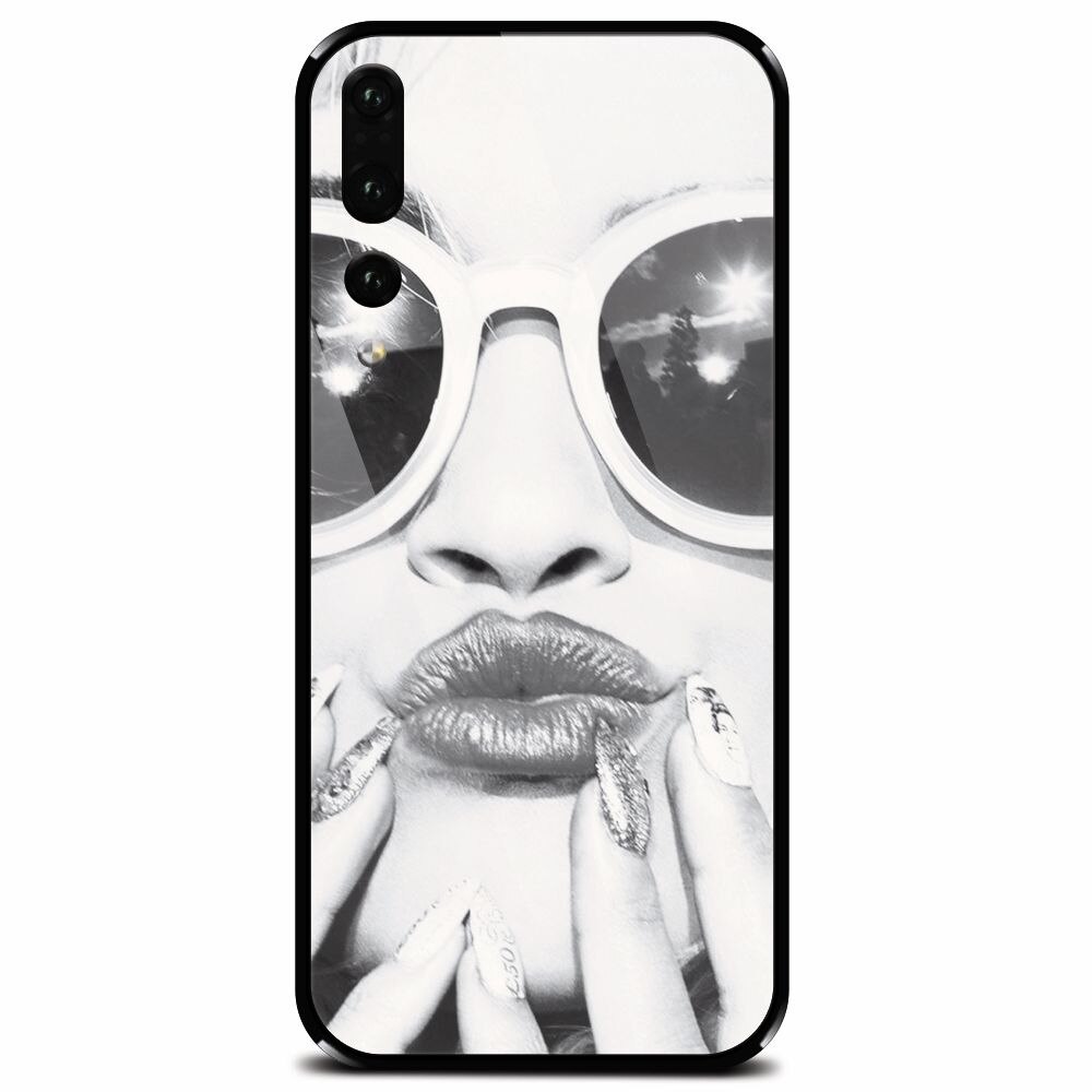 Husa din sticla securizata pentru Huawei P20 Pro, Black And White Portrait Blonde Model In Fashion Sunglasses