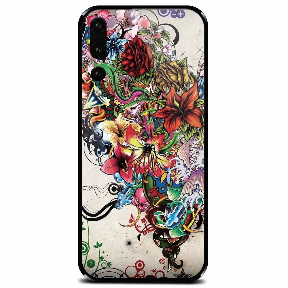 Husa din sticla securizata pentru Huawei P20 Pro, Abstract Flowers Tattoo Illustration