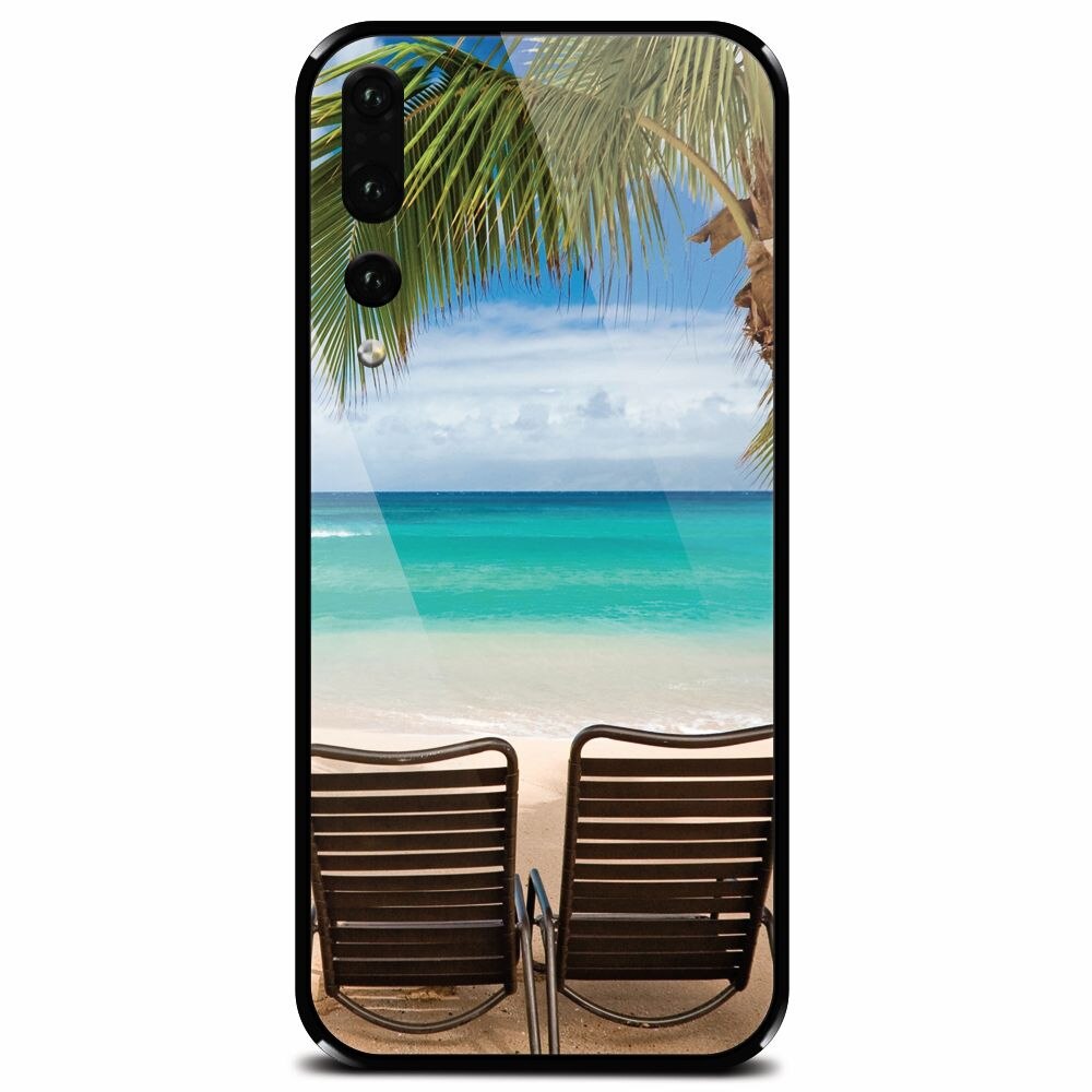 Husa din sticla securizata pentru Huawei P20 Pro, Beach Chairs Palm Tree Seaside