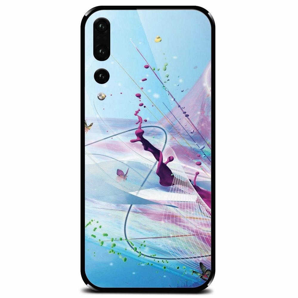 Husa din sticla securizata pentru Huawei P20 Pro, Artistic Paint Splash Purple Butterflies