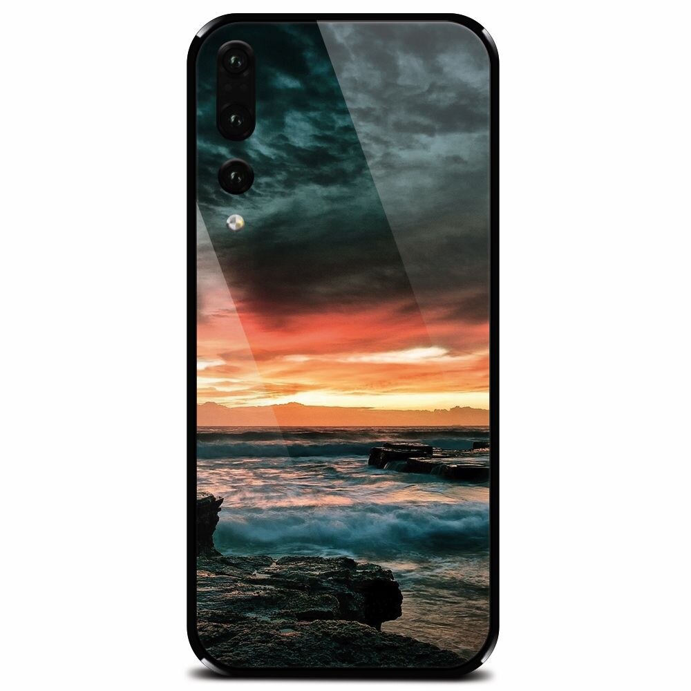 Husa din sticla securizata pentru Huawei P20 Pro, Dramatic Rocky Beach Shore Sunset