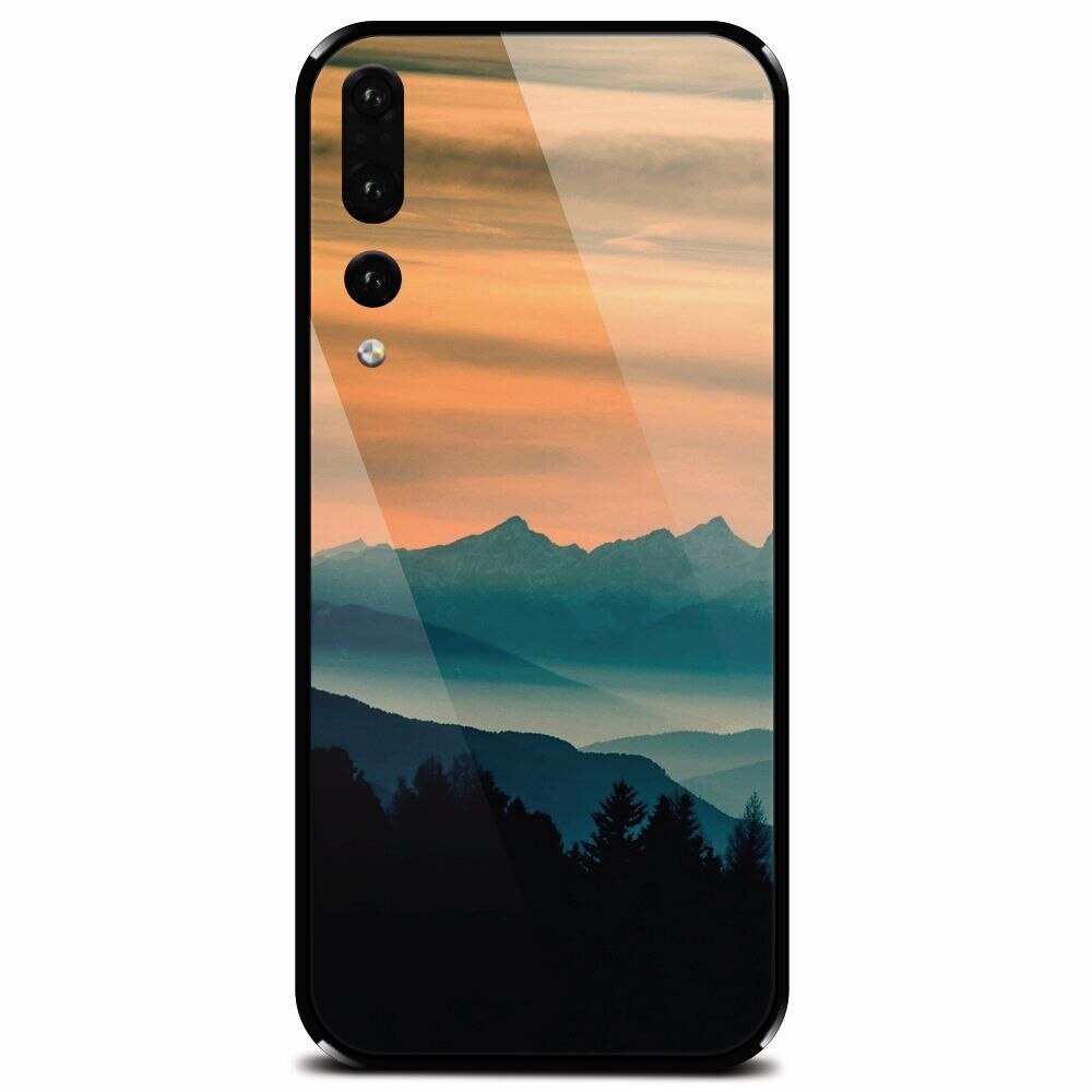 Husa din sticla securizata pentru Huawei P20 Pro, Blue Mountains Orange Clouds Sunset Landscape
