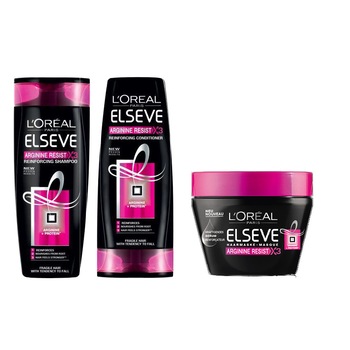 Set ingrijire par L'Oreal Paris Elseve Arginine Resist x3 pentru par fragil: Sampon, 250 ml + Balsam, 200 ml +Masca de par 300 ml Set ingrijire par L'Oreal Paris Elseve Arginine Resist x3 pentru par fragil: Sampon, 250 ml + Balsam, 200 ml +Masca de par 300 ml