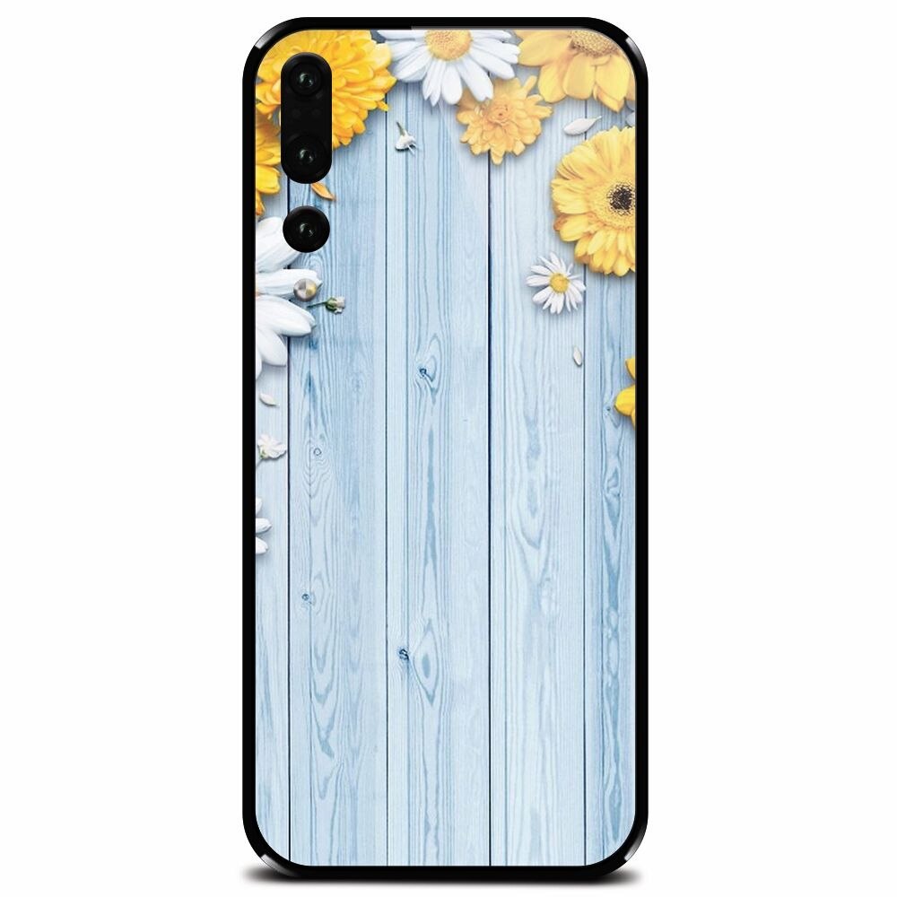 Husa din sticla securizata pentru Huawei P20 Pro, Sunflower On Blue Wood