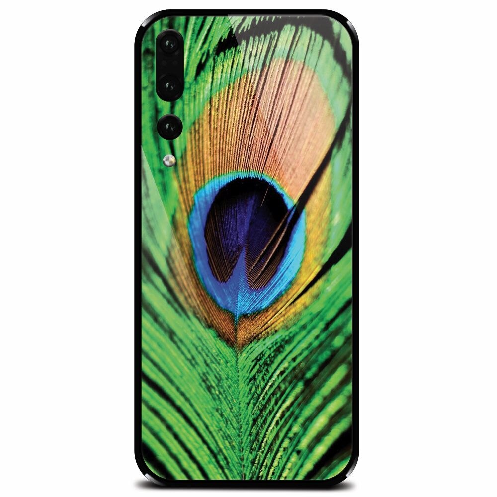 Husa din sticla securizata pentru Huawei P20 Pro, Peacock Feather Green Blue