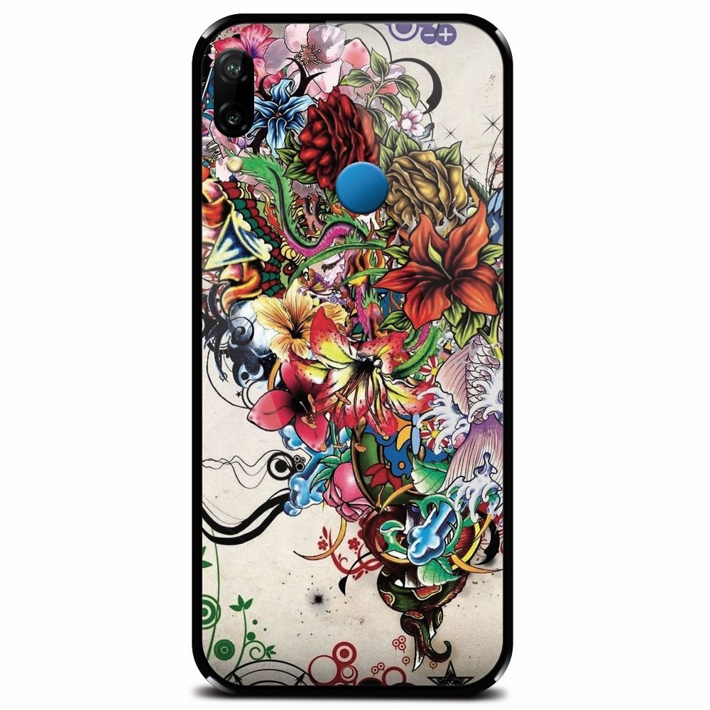 Husa din sticla securizata pentru Huawei P20 Lite, Abstract Flowers Tattoo Illustration