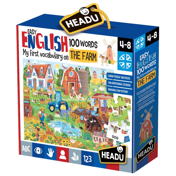 Puzzle Headu Teacher Tested - Ferma, 100 de cuvinte in limba engleza, 108 piese